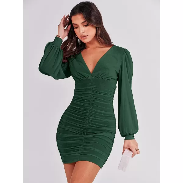 imageANRABESS Womens Long Sleeve Cocktail Dress Sexy Deep V Neck Ruched Bodycon Short Party Club Wedding Guest DressesDeep Green