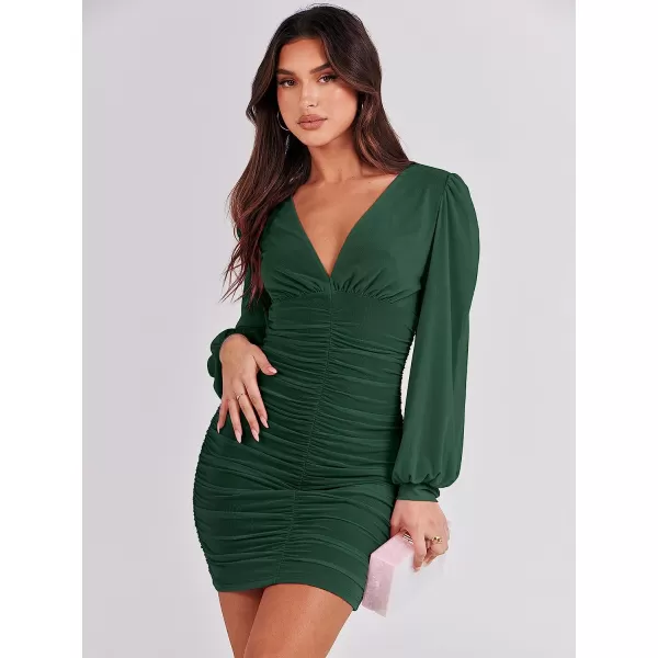 imageANRABESS Womens Long Sleeve Cocktail Dress Sexy Deep V Neck Ruched Bodycon Short Party Club Wedding Guest DressesDeep Green