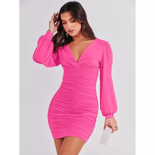 imageANRABESS Womens Long Sleeve Cocktail Dress Sexy Deep V Neck Ruched Bodycon Short Party Club Wedding Guest DressesHot Pink