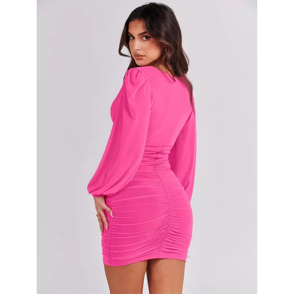 imageANRABESS Womens Long Sleeve Cocktail Dress Sexy Deep V Neck Ruched Bodycon Short Party Club Wedding Guest DressesHot Pink
