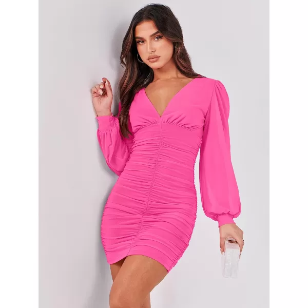 imageANRABESS Womens Long Sleeve Cocktail Dress Sexy Deep V Neck Ruched Bodycon Short Party Club Wedding Guest DressesHot Pink