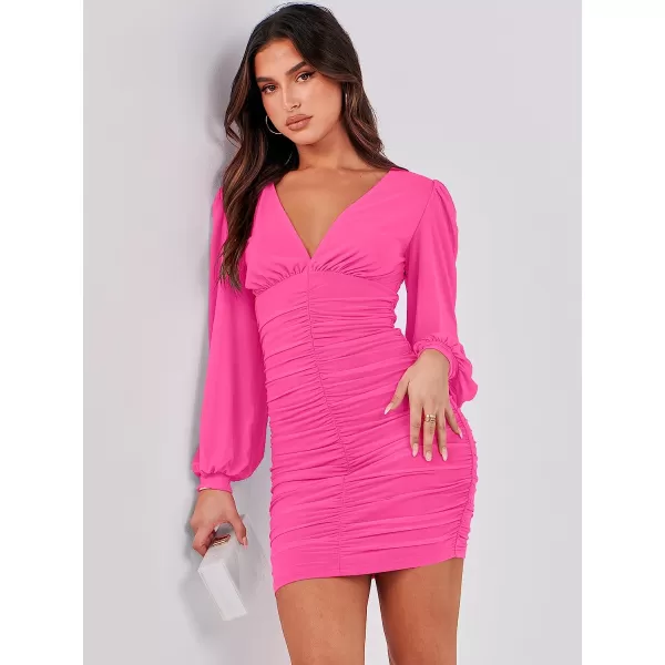 imageANRABESS Womens Long Sleeve Cocktail Dress Sexy Deep V Neck Ruched Bodycon Short Party Club Wedding Guest DressesHot Pink