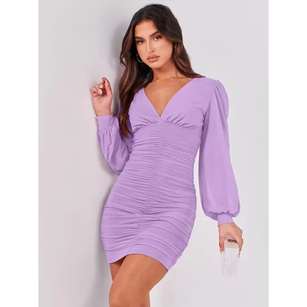 imageANRABESS Womens Long Sleeve Cocktail Dress Sexy Deep V Neck Ruched Bodycon Short Party Club Wedding Guest DressesLight Purple