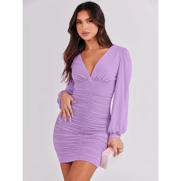 imageANRABESS Womens Long Sleeve Cocktail Dress Sexy Deep V Neck Ruched Bodycon Short Party Club Wedding Guest DressesLight Purple