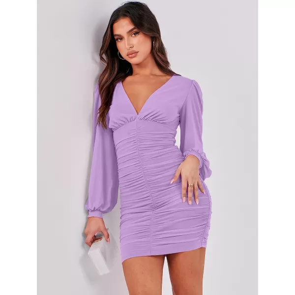 imageANRABESS Womens Long Sleeve Cocktail Dress Sexy Deep V Neck Ruched Bodycon Short Party Club Wedding Guest DressesLight Purple