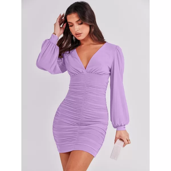 imageANRABESS Womens Long Sleeve Cocktail Dress Sexy Deep V Neck Ruched Bodycon Short Party Club Wedding Guest DressesLight Purple
