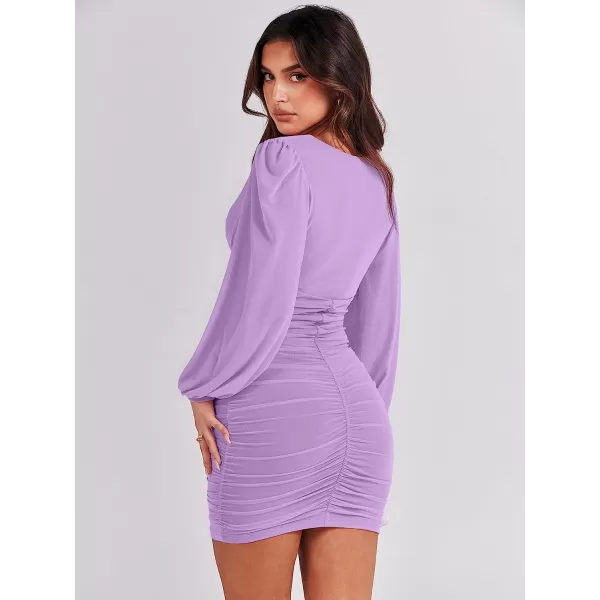 imageANRABESS Womens Long Sleeve Cocktail Dress Sexy Deep V Neck Ruched Bodycon Short Party Club Wedding Guest DressesLight Purple