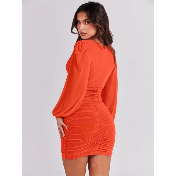 imageANRABESS Womens Long Sleeve Cocktail Dress Sexy Deep V Neck Ruched Bodycon Short Party Club Wedding Guest DressesOrange