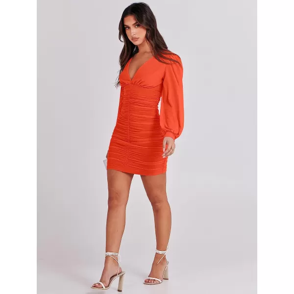 imageANRABESS Womens Long Sleeve Cocktail Dress Sexy Deep V Neck Ruched Bodycon Short Party Club Wedding Guest DressesOrange