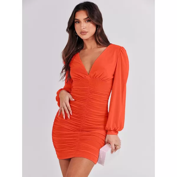 imageANRABESS Womens Long Sleeve Cocktail Dress Sexy Deep V Neck Ruched Bodycon Short Party Club Wedding Guest DressesOrange