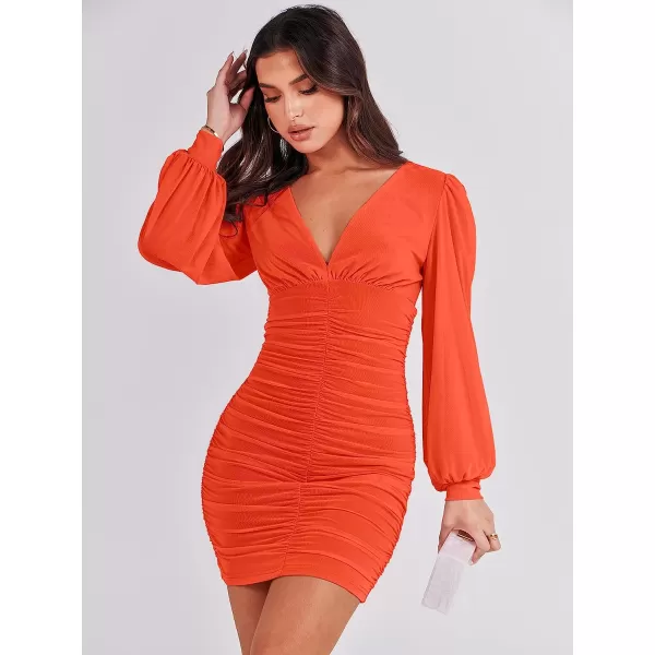 imageANRABESS Womens Long Sleeve Cocktail Dress Sexy Deep V Neck Ruched Bodycon Short Party Club Wedding Guest DressesOrange