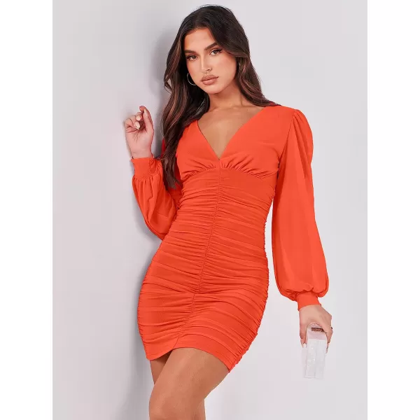 imageANRABESS Womens Long Sleeve Cocktail Dress Sexy Deep V Neck Ruched Bodycon Short Party Club Wedding Guest DressesOrange
