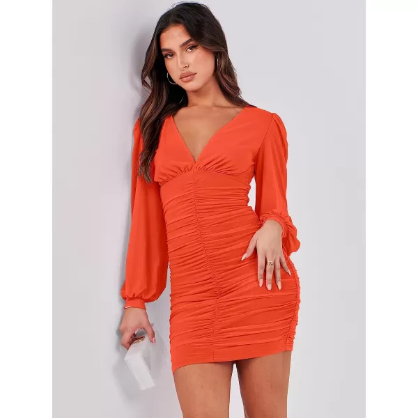 imageANRABESS Womens Long Sleeve Cocktail Dress Sexy Deep V Neck Ruched Bodycon Short Party Club Wedding Guest DressesOrange