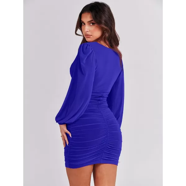 imageANRABESS Womens Long Sleeve Cocktail Dress Sexy Deep V Neck Ruched Bodycon Short Party Club Wedding Guest DressesRoyal Blue
