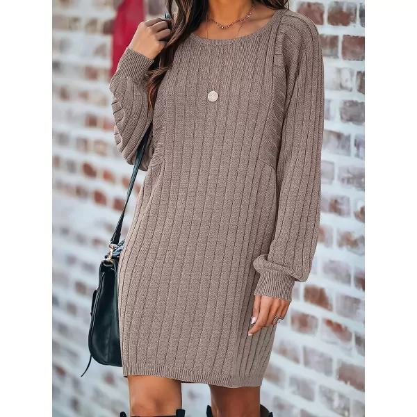 imageANRABESS Womens Long Sleeve Crewneck Cozy Warm Ribbed Knit Casual Loose Oversized Mini Sweater DressAlmond