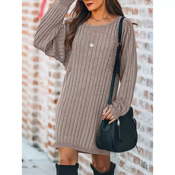 imageANRABESS Womens Long Sleeve Crewneck Cozy Warm Ribbed Knit Casual Loose Oversized Mini Sweater DressAlmond