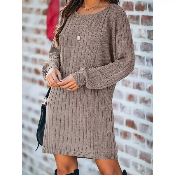 imageANRABESS Womens Long Sleeve Crewneck Cozy Warm Ribbed Knit Casual Loose Oversized Mini Sweater DressAlmond