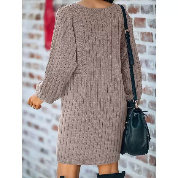 imageANRABESS Womens Long Sleeve Crewneck Cozy Warm Ribbed Knit Casual Loose Oversized Mini Sweater DressAlmond