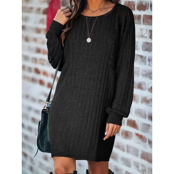 imageANRABESS Womens Long Sleeve Crewneck Cozy Warm Ribbed Knit Casual Loose Oversized Mini Sweater DressBlack