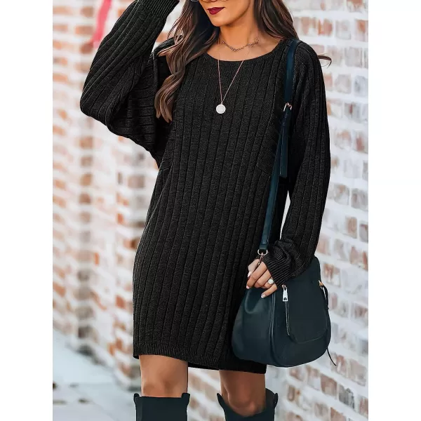 imageANRABESS Womens Long Sleeve Crewneck Cozy Warm Ribbed Knit Casual Loose Oversized Mini Sweater DressBlack