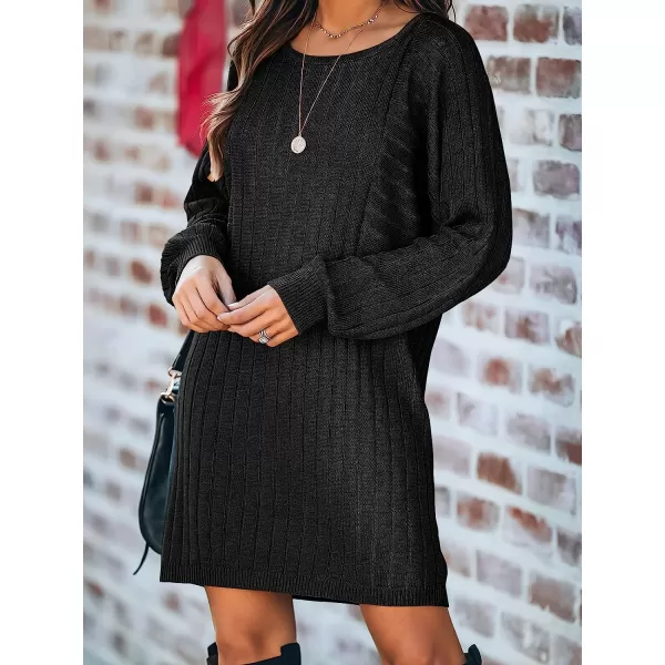 imageANRABESS Womens Long Sleeve Crewneck Cozy Warm Ribbed Knit Casual Loose Oversized Mini Sweater DressBlack