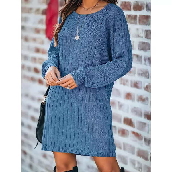 imageANRABESS Womens Long Sleeve Crewneck Cozy Warm Ribbed Knit Casual Loose Oversized Mini Sweater DressBlue