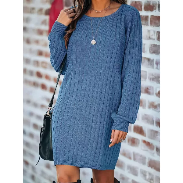imageANRABESS Womens Long Sleeve Crewneck Cozy Warm Ribbed Knit Casual Loose Oversized Mini Sweater DressBlue