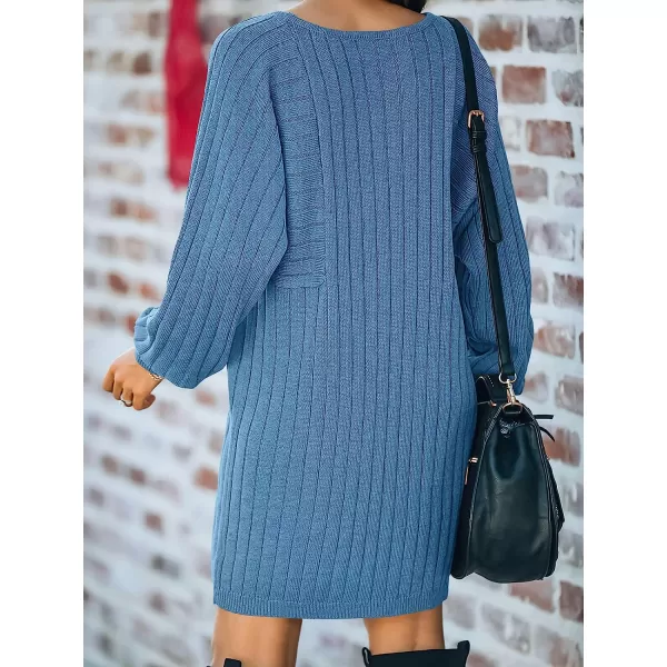 imageANRABESS Womens Long Sleeve Crewneck Cozy Warm Ribbed Knit Casual Loose Oversized Mini Sweater DressBlue
