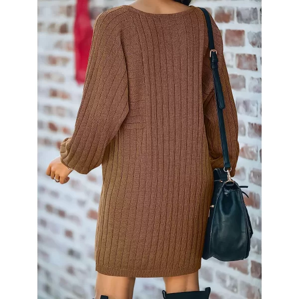 imageANRABESS Womens Long Sleeve Crewneck Cozy Warm Ribbed Knit Casual Loose Oversized Mini Sweater DressBrwon