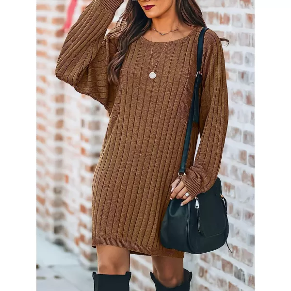 imageANRABESS Womens Long Sleeve Crewneck Cozy Warm Ribbed Knit Casual Loose Oversized Mini Sweater DressBrwon