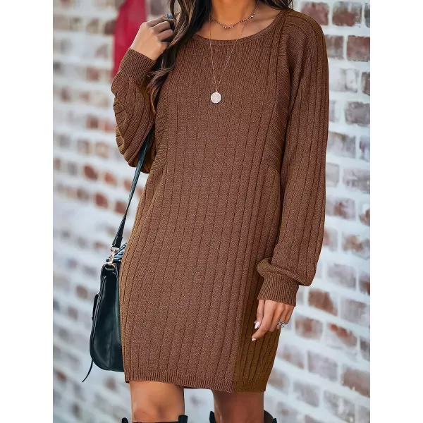 imageANRABESS Womens Long Sleeve Crewneck Cozy Warm Ribbed Knit Casual Loose Oversized Mini Sweater DressBrwon