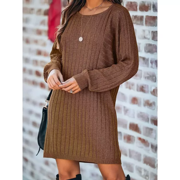 imageANRABESS Womens Long Sleeve Crewneck Cozy Warm Ribbed Knit Casual Loose Oversized Mini Sweater DressBrwon