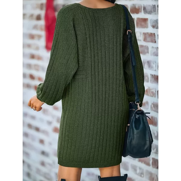 imageANRABESS Womens Long Sleeve Crewneck Cozy Warm Ribbed Knit Casual Loose Oversized Mini Sweater DressDark Green