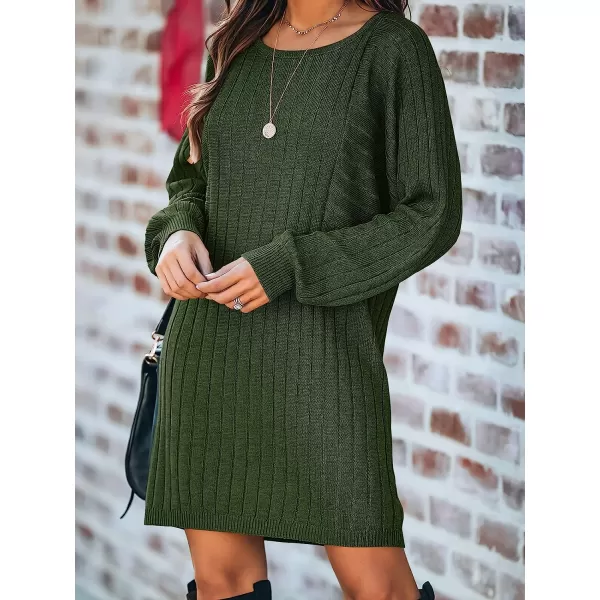 imageANRABESS Womens Long Sleeve Crewneck Cozy Warm Ribbed Knit Casual Loose Oversized Mini Sweater DressDark Green