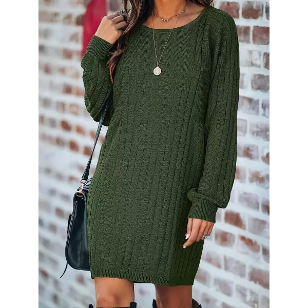 imageANRABESS Womens Long Sleeve Crewneck Cozy Warm Ribbed Knit Casual Loose Oversized Mini Sweater DressDark Green