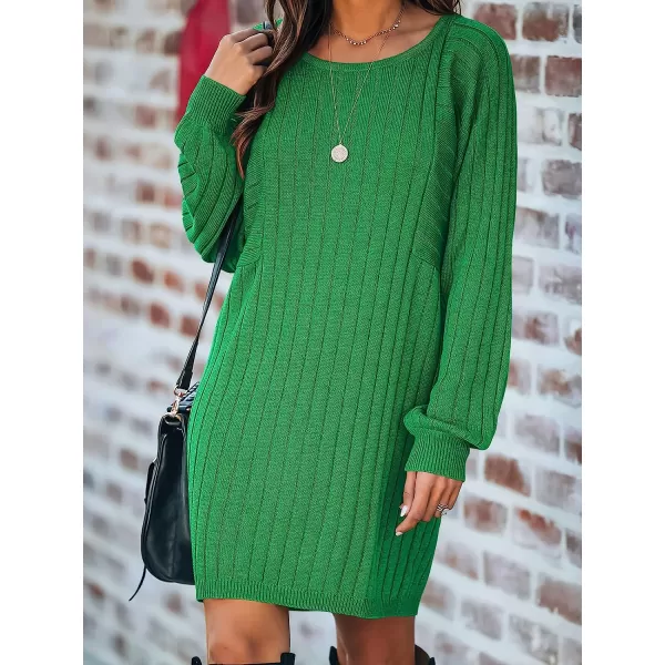 imageANRABESS Womens Long Sleeve Crewneck Cozy Warm Ribbed Knit Casual Loose Oversized Mini Sweater DressDeep Green