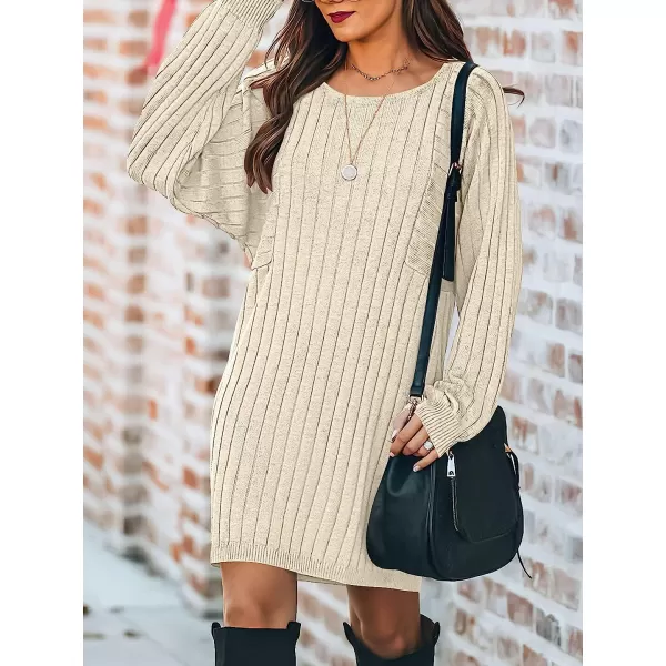 imageANRABESS Womens Long Sleeve Crewneck Cozy Warm Ribbed Knit Casual Loose Oversized Mini Sweater DressKhaki
