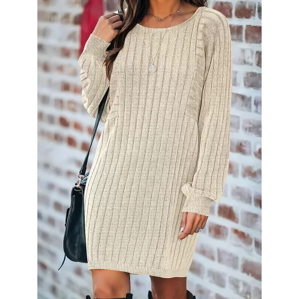 imageANRABESS Womens Long Sleeve Crewneck Cozy Warm Ribbed Knit Casual Loose Oversized Mini Sweater DressKhaki