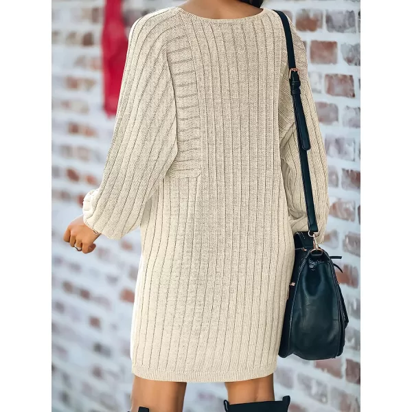 imageANRABESS Womens Long Sleeve Crewneck Cozy Warm Ribbed Knit Casual Loose Oversized Mini Sweater DressKhaki