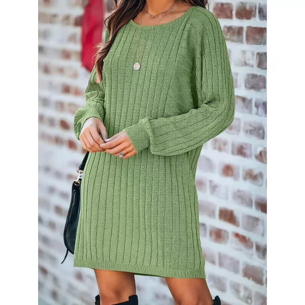 imageANRABESS Womens Long Sleeve Crewneck Cozy Warm Ribbed Knit Casual Loose Oversized Mini Sweater DressLight Green