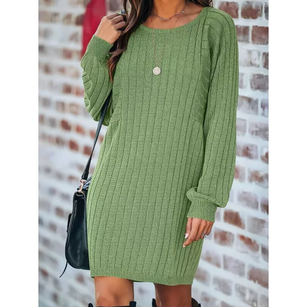 imageANRABESS Womens Long Sleeve Crewneck Cozy Warm Ribbed Knit Casual Loose Oversized Mini Sweater DressLight Green