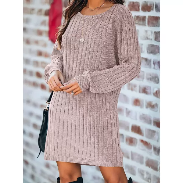 imageANRABESS Womens Long Sleeve Crewneck Cozy Warm Ribbed Knit Casual Loose Oversized Mini Sweater DressPink