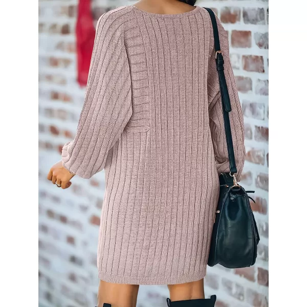 imageANRABESS Womens Long Sleeve Crewneck Cozy Warm Ribbed Knit Casual Loose Oversized Mini Sweater DressPink