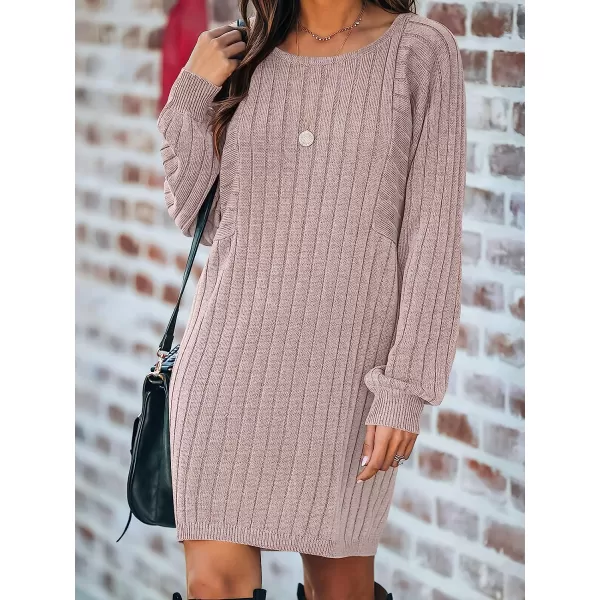 imageANRABESS Womens Long Sleeve Crewneck Cozy Warm Ribbed Knit Casual Loose Oversized Mini Sweater DressPink