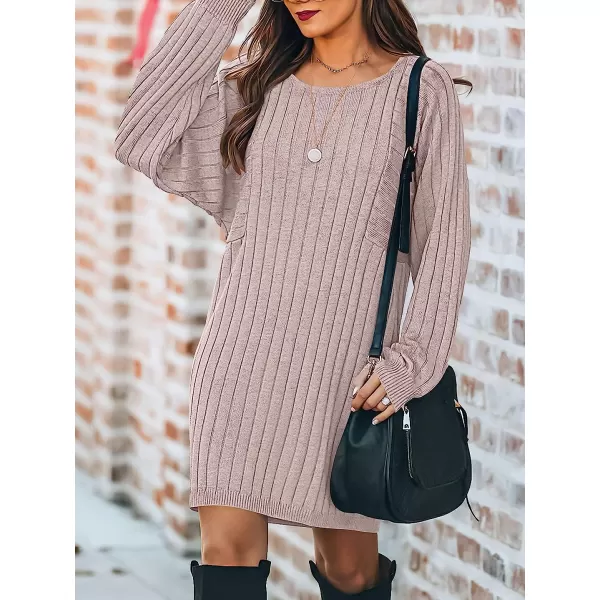 imageANRABESS Womens Long Sleeve Crewneck Cozy Warm Ribbed Knit Casual Loose Oversized Mini Sweater DressPink