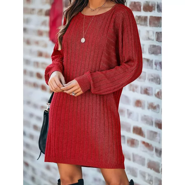 imageANRABESS Womens Long Sleeve Crewneck Cozy Warm Ribbed Knit Casual Loose Oversized Mini Sweater DressRed