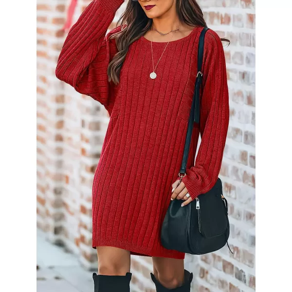 imageANRABESS Womens Long Sleeve Crewneck Cozy Warm Ribbed Knit Casual Loose Oversized Mini Sweater DressRed