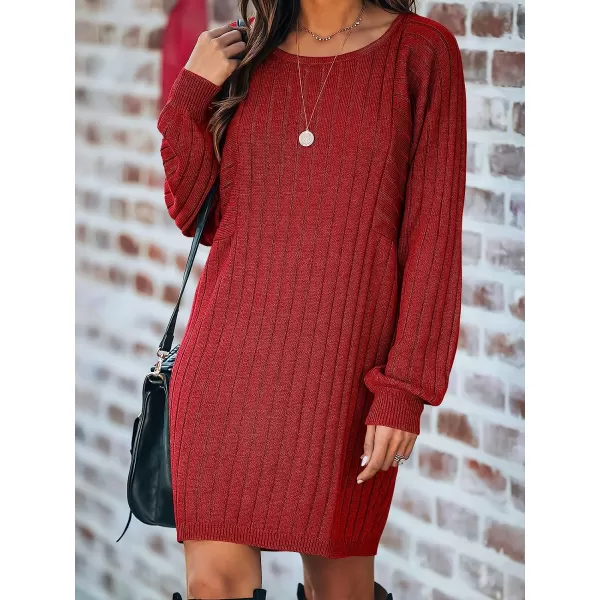 imageANRABESS Womens Long Sleeve Crewneck Cozy Warm Ribbed Knit Casual Loose Oversized Mini Sweater DressRed