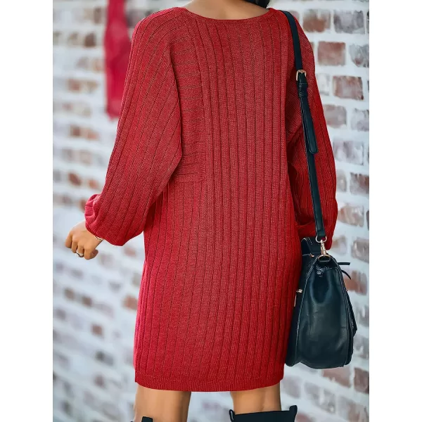imageANRABESS Womens Long Sleeve Crewneck Cozy Warm Ribbed Knit Casual Loose Oversized Mini Sweater DressRed