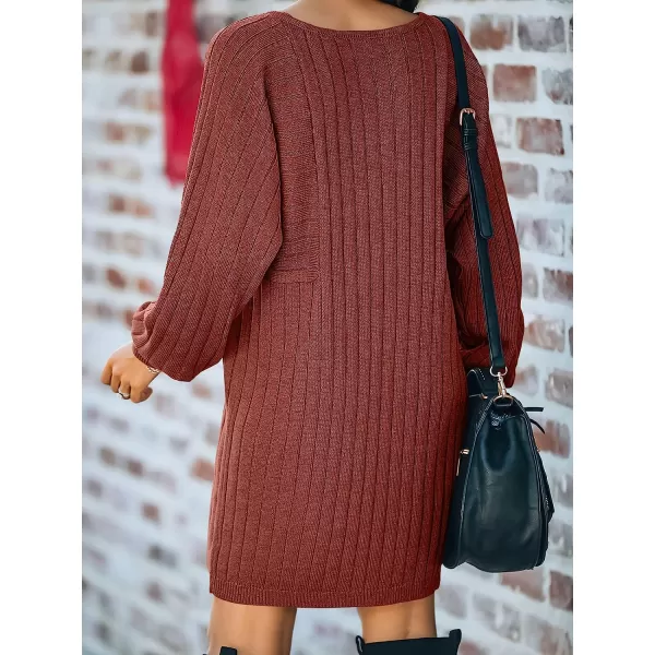 imageANRABESS Womens Long Sleeve Crewneck Cozy Warm Ribbed Knit Casual Loose Oversized Mini Sweater DressRust